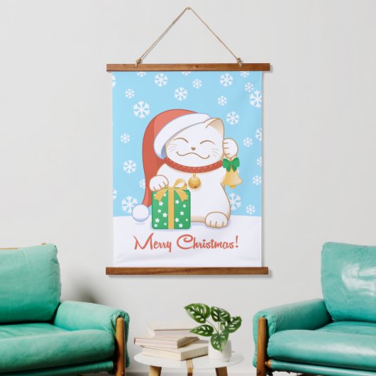 Weiße Weihnachtskatze in einem Red Hat Wandteppich Mit Holzrahmen (Wohnzimmer)