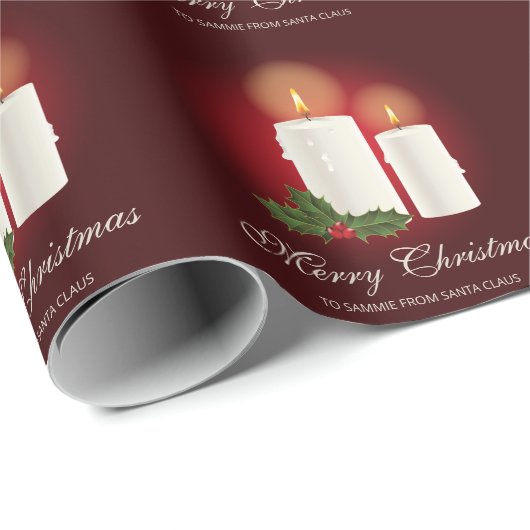 Weiße Weihnachtskerzen auf Rot mit individuellem T Geschenkpapier (Rolleneckpunkt)