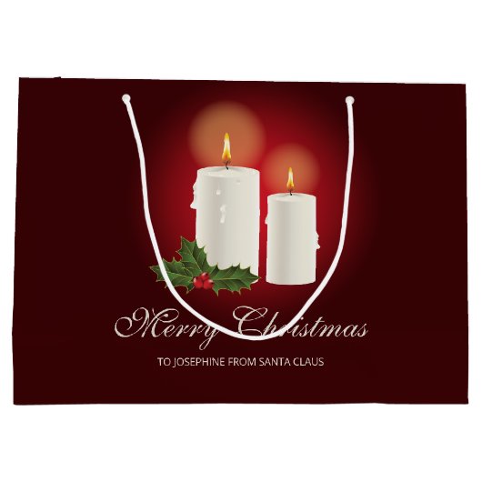 Weiße Weihnachtskerzen auf Rot mit individuellem T Große Geschenktüte (Rückseite)