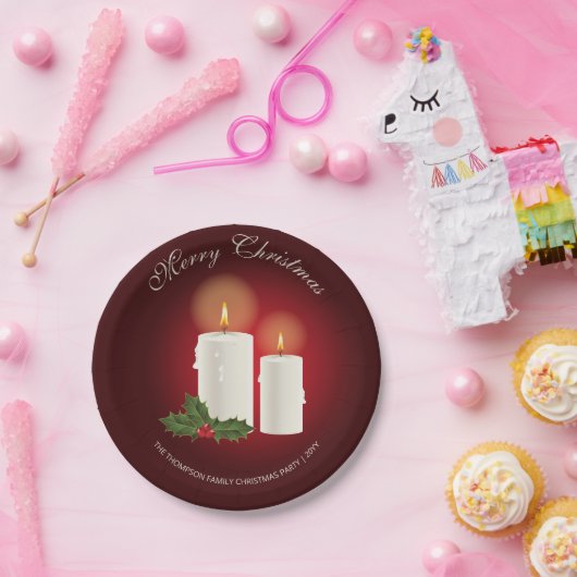 Weiße Weihnachtskerzen auf Rot mit individuellem T Pappteller (Party)