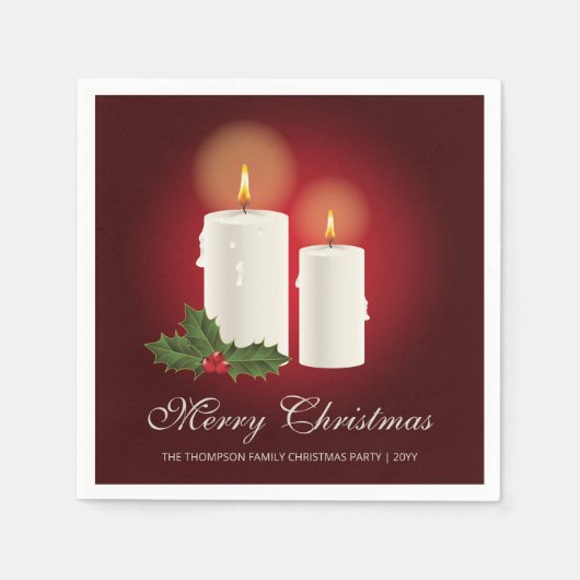 Weiße Weihnachtskerzen auf Rot mit individuellem T Serviette (Vorderseite)
