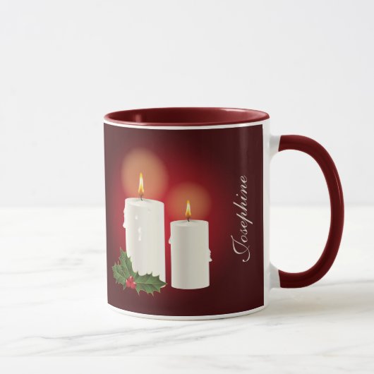 Weiße Weihnachtskerzen auf Rot mit individuellem T Tasse (Rechts)
