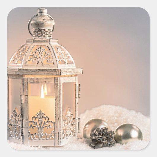 Weiße Weihnachtslattern und Ornamente Quadratischer Aufkleber (Vorderseite)