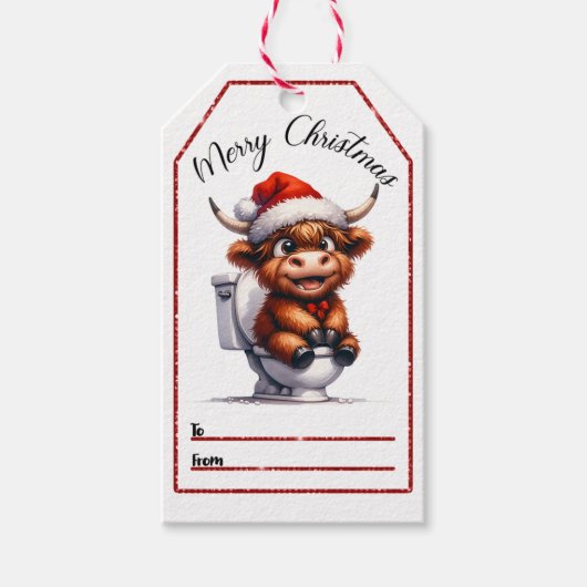 Weiße Weihnachtsmarke mit einer niedlichen Hochlan Geschenkanhänger (Vorderseite)