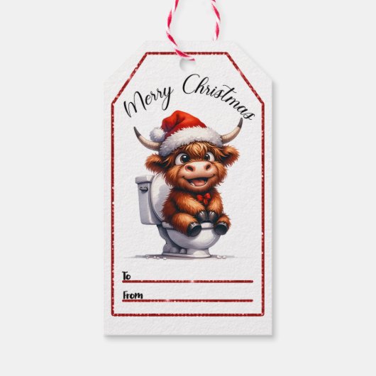 Weiße Weihnachtsmarke mit einer niedlichen Hochlan Geschenkanhänger (Rückseite)