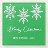 Weiße Weihnachtsschneeflocken Frohe Weihnachtsgrün Glasuntersetzer (Vorderseite)