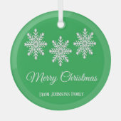 Weiße Weihnachtsschneeflocken Frohe Weihnachtsgrün Ornament Aus Glas (Vorderseite)