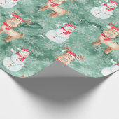 Weiße Weihnachtsschneemänner und Rentier - Grün Geschenkpapier (Ecke)