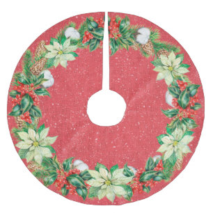 Weiße Weihnachtssterne, Stechpalme und Beeren Polyester Weihnachtsbaumdecke