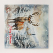 Weiße Weihnachtsszene mit Rentieren im Schnee Puzzle (Horizontal)
