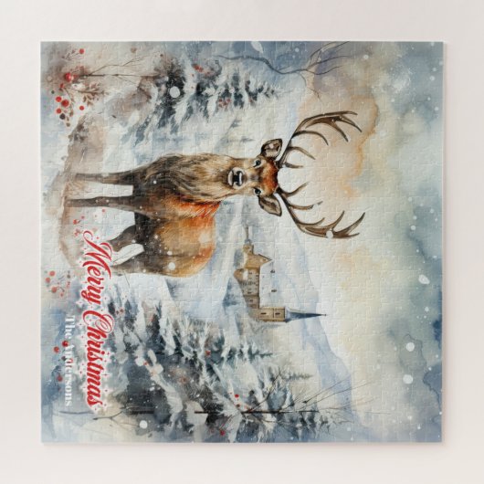 Weiße Weihnachtsszene mit Rentieren im Schnee Puzzle (Horizontal)
