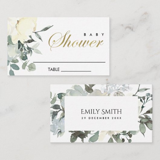 WEISSE, WEISSE BABYDUSCHE MIT BLUMENWASSERFARBE PLATZKARTE (Vorne/Hinten)