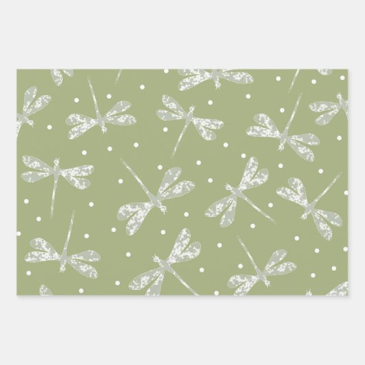 Weiße weiße Glocken und Libellen aus Olivgrün Geschenkpapier Set (Vorderseite 3)