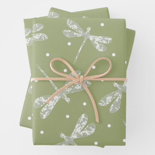 Weiße weiße Glocken und Libellen aus Olivgrün Geschenkpapier Set (Beispiel)