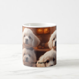 Weiße Welpen in der Küche an Halloween Kaffeetasse