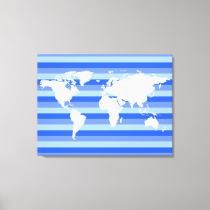 Weiße Weltkarte auf blau gestreift Leinwanddruck