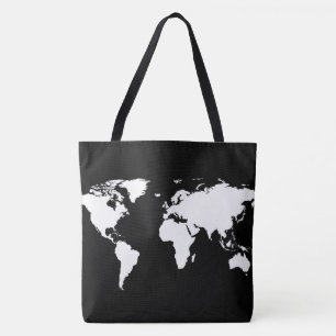 weiße Weltkarte auf schwarz Tasche