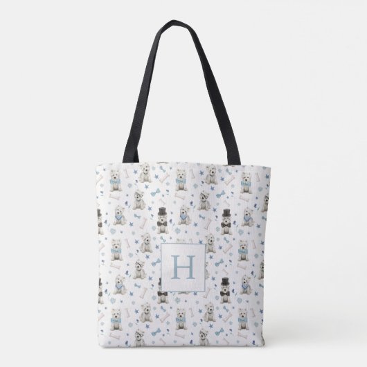 Weiße Westie mit Accessoires Monogramm Tasche (Rückseite)