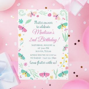 Weiße Whimsical Garden Butterfly Girls Geburtstag Einladung