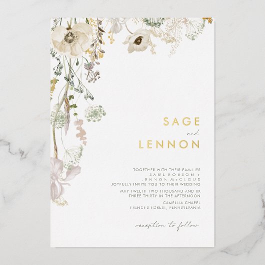 Weiße Wildblume | Einladung von Gold Foil (Vorderseite)