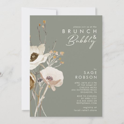 Weiße Wildblume Sage Green Brunch und Bubbly Einladung (Vorderseite)