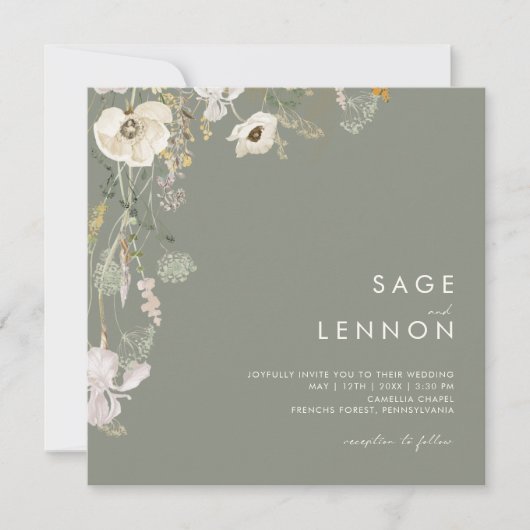 Weiße Wildblume | Sage Green Square Einladung (Vorderseite)