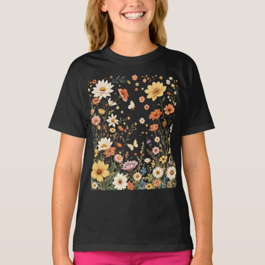 Weiße Wildblume Wiese mit Schmetterlingen T-Shirt (Vorderseite)