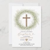 Weiße Wildblumen Gipskraut Holzkreuz Taufe Einladung (Vorderseite)