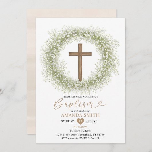 Weiße Wildblumen Gipskraut Holzkreuz Taufe Einladung (Vorne/Hinten)