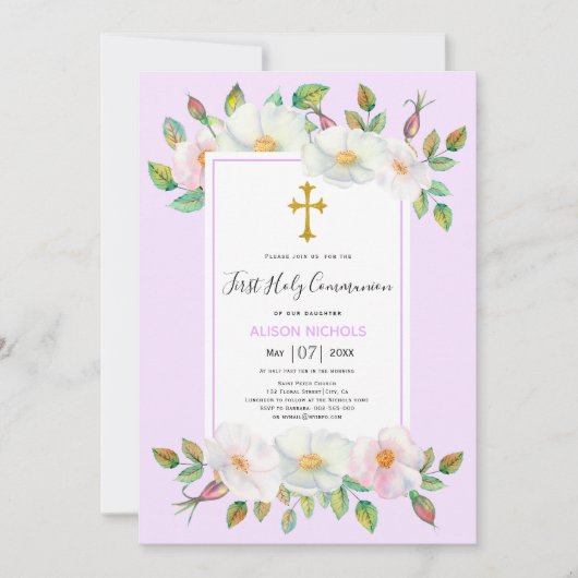 Weiße Wildblütenlavender Erste Kommune Rose Einladung (Vorderseite)