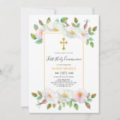 Weiße wilde Rose gelbe Blüten Erste Kommune Einladung (Vorderseite)