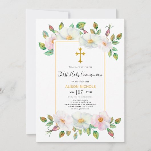 Weiße wilde Rose gelbe Blüten Erste Kommune Einladung (Vorderseite)