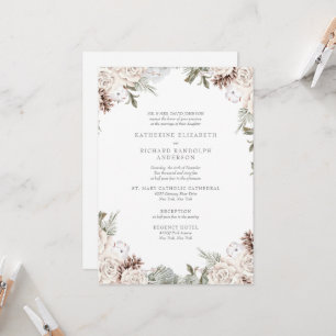Weiße Winter-Blumen-Tannenzapfen Elegante Hochzeit Einladung