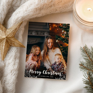 Weiße Winterblätter Schrift Foto Frohe Weihnachten Postkarte