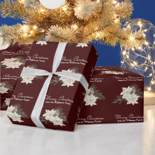 Weiße Winterblumen Frohe Weihnachten Burgunderrot Geschenkpapier