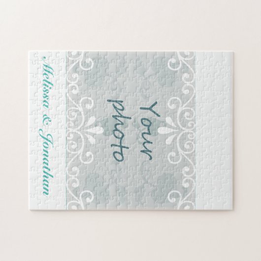 Weiße Wirbel, Aquamariner Brautbäumchen Hochzeitsf Puzzle (Horizontal)