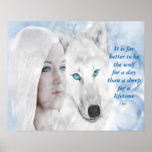 Weiße Wolfskleidung Blaue Augen Poster