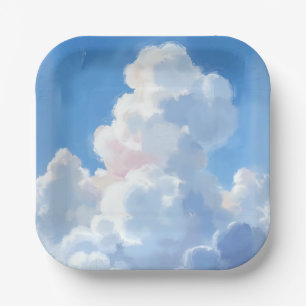 Weiße Wolken Schönes Blaues Himmel Aquarell Pappteller