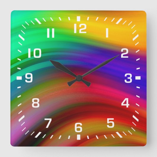 Weiße Zahlen / Regenbogenstreifen Quadratische Wanduhr (Vorderseite)