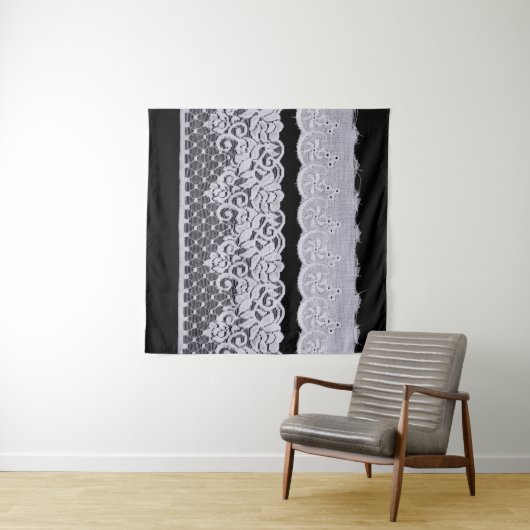 Weiße Zierspitze, abgeschiedener schwarzer Hinterg Wandteppich (Beispiel (Horizontal))