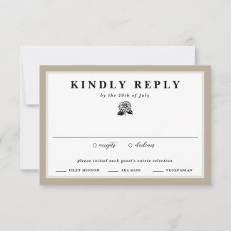Weiße Zinnia Blume Taupe & Elfenbeinblumenhochzeit RSVP Karte