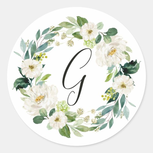 Weißen Blumenkranz-Monogramm Runder Aufkleber (Vorderseite)