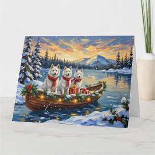 Weißer Amerikanischer Eskimo-Hund Weihnachtsboot U Karte