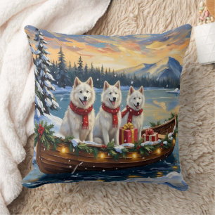 Weißer Amerikanischer Eskimo-Hund Weihnachtsboot U Kissen