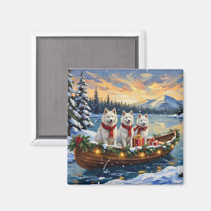 Weißer Amerikanischer Eskimo-Hund Weihnachtsboot U Magnet