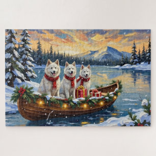 Weißer Amerikanischer Eskimo-Hund Weihnachtsboot U Puzzle