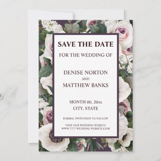 Weißer Anemon Save the Date für Mitternachtsmusche Einladung (Rückseite)