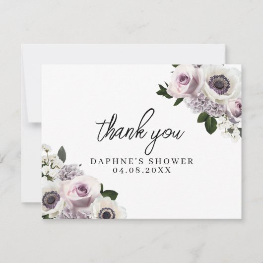 Weißer Anemon und Lila florales Brautparty flach Dankeskarte (Vorderseite)