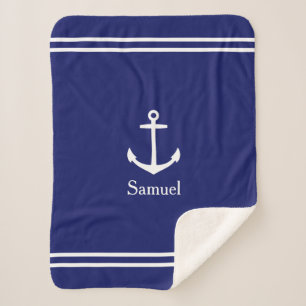 Weißer Anker auf Navy Blue Personalisiert Sherpadecke