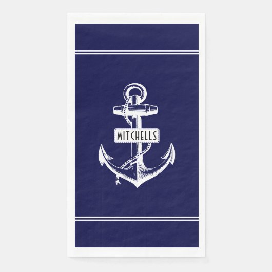 Weißer Anker, Linien und Name auf marineblauen Was Serviette (Vorderseite)